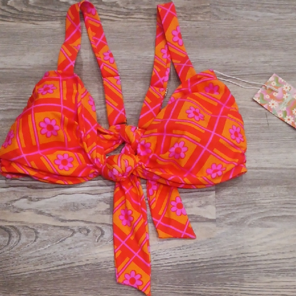 Show Me Your MUMU Vibrant Orange Pink Floral Bikini Top Size One X